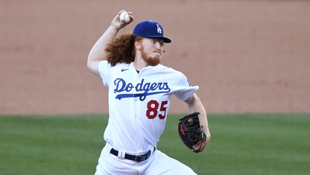 Aug 10, 2020; Los Angeles, California, USA; Los Angeles Dodgers starting pitcher Dustin May (85) pitches in the first inning of the game against the San Diego Padres at Dodger Stadium. Mandatory Credit: Jayne Kamin-Oncea-USA TODAY Sports